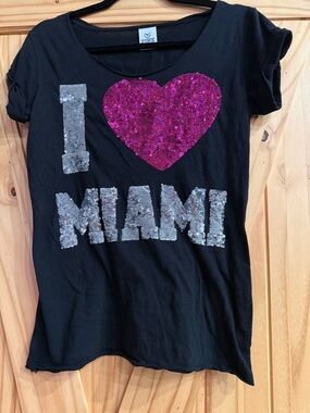 PINK Victoria's Secret Black Tee with Pink Sequin Heart and Silver 'MIAMI'